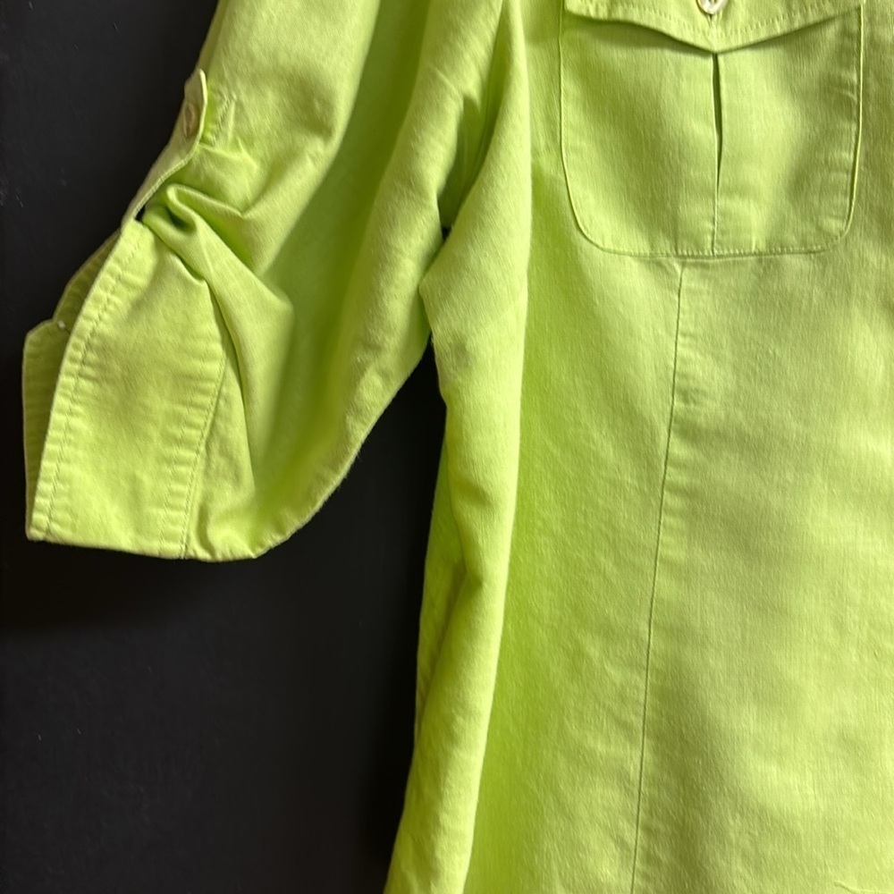 Carroll Reed Woman 100% Linen Lime Green Button Up Shirt Roll Tab Sleeve Size 1X - Picture 5 of 11